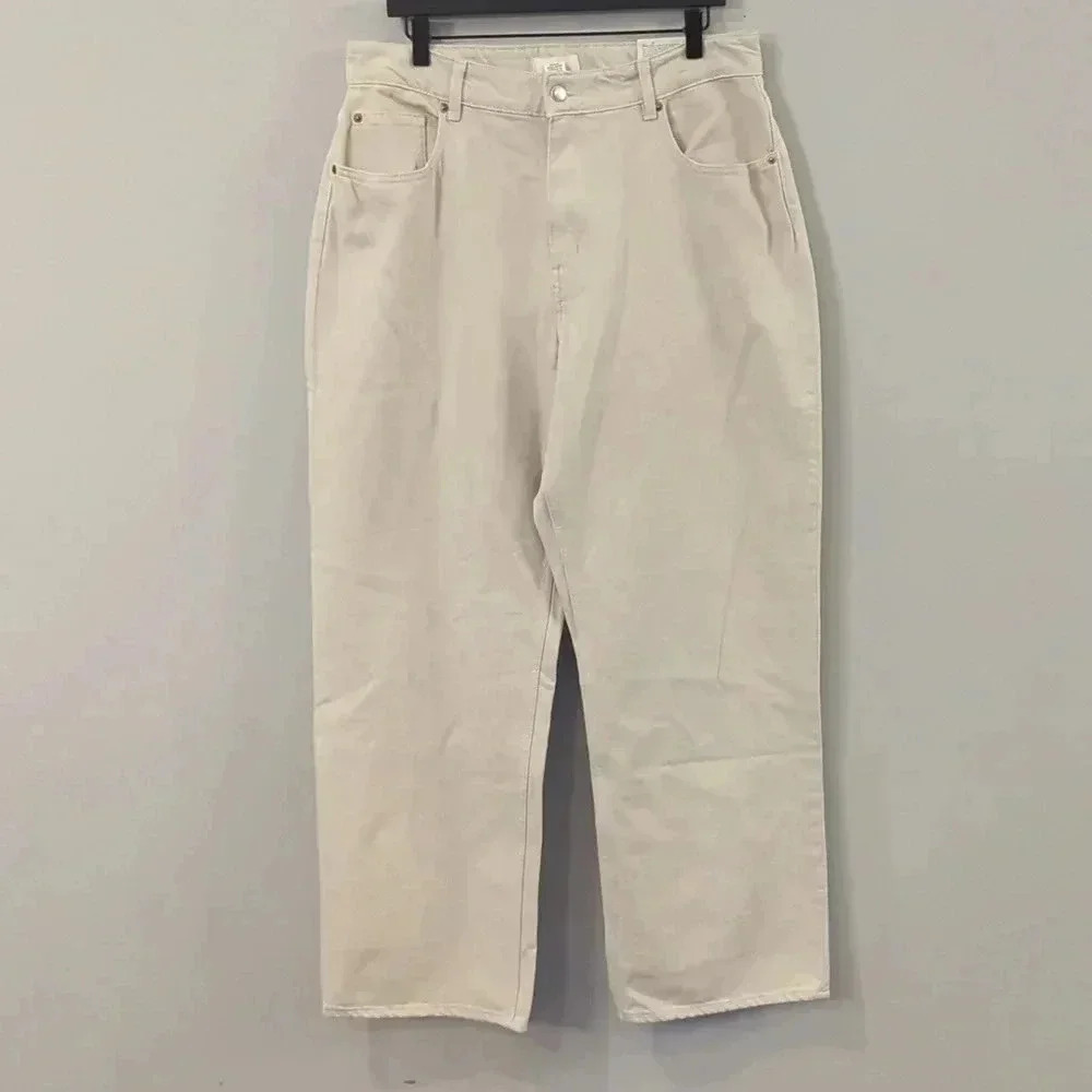 NWT H&M Cream Denim Pants Loose Wise Leg Straight‎ High Waist size 14